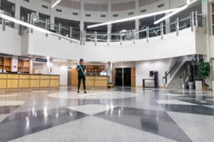 Our janitorial team cleaning the lobby floor of this corporate building in Orem, Utah