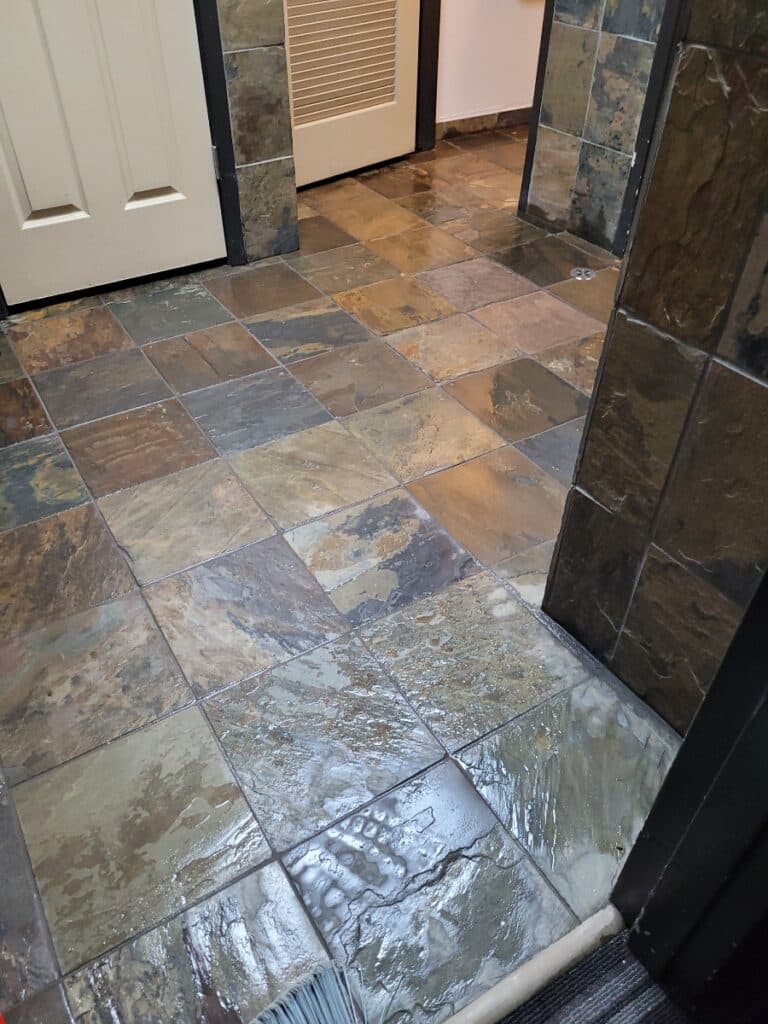 Acid wash grout and tile service in this Orem, Utah bathroom. Our Janitorial team did a great job disinfecting and bringing this floor back to life.